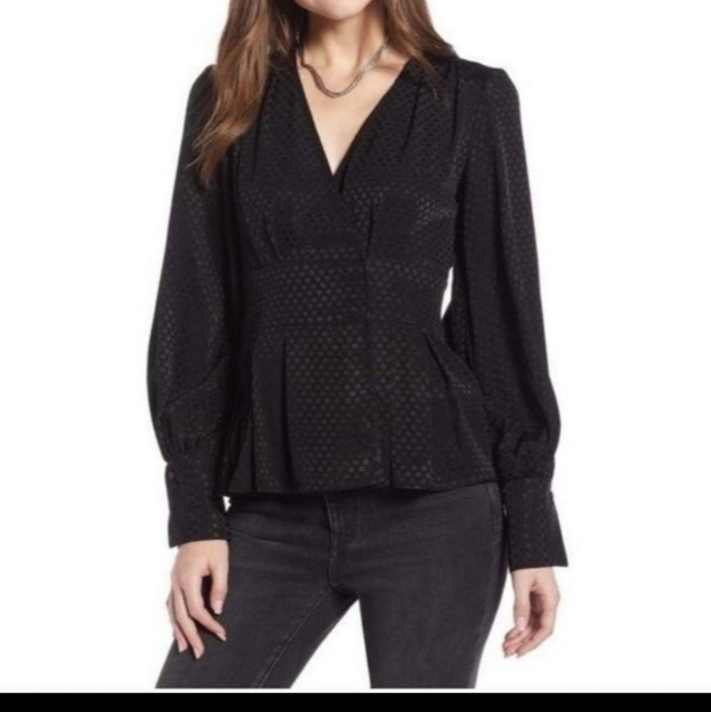 Something Navy Waist Detail Black Jacquard Peplum Surplice Top, size XXS